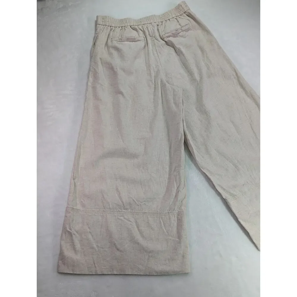 Banana Republic Womens Small Beige Linen Blend Wide Leg Cropped Elastic Pants